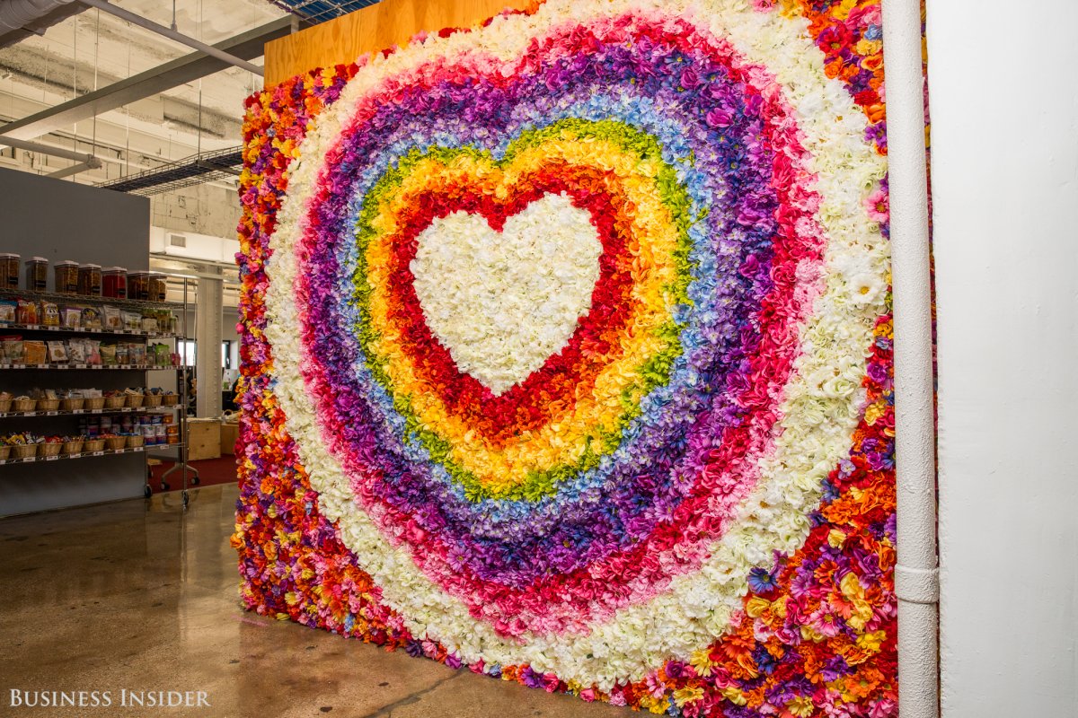 ... as does this colorful flower wall. "There’s a lot of art that’s influenced by openness, connectedness, and the company mission of connecting the world," Reynar said.