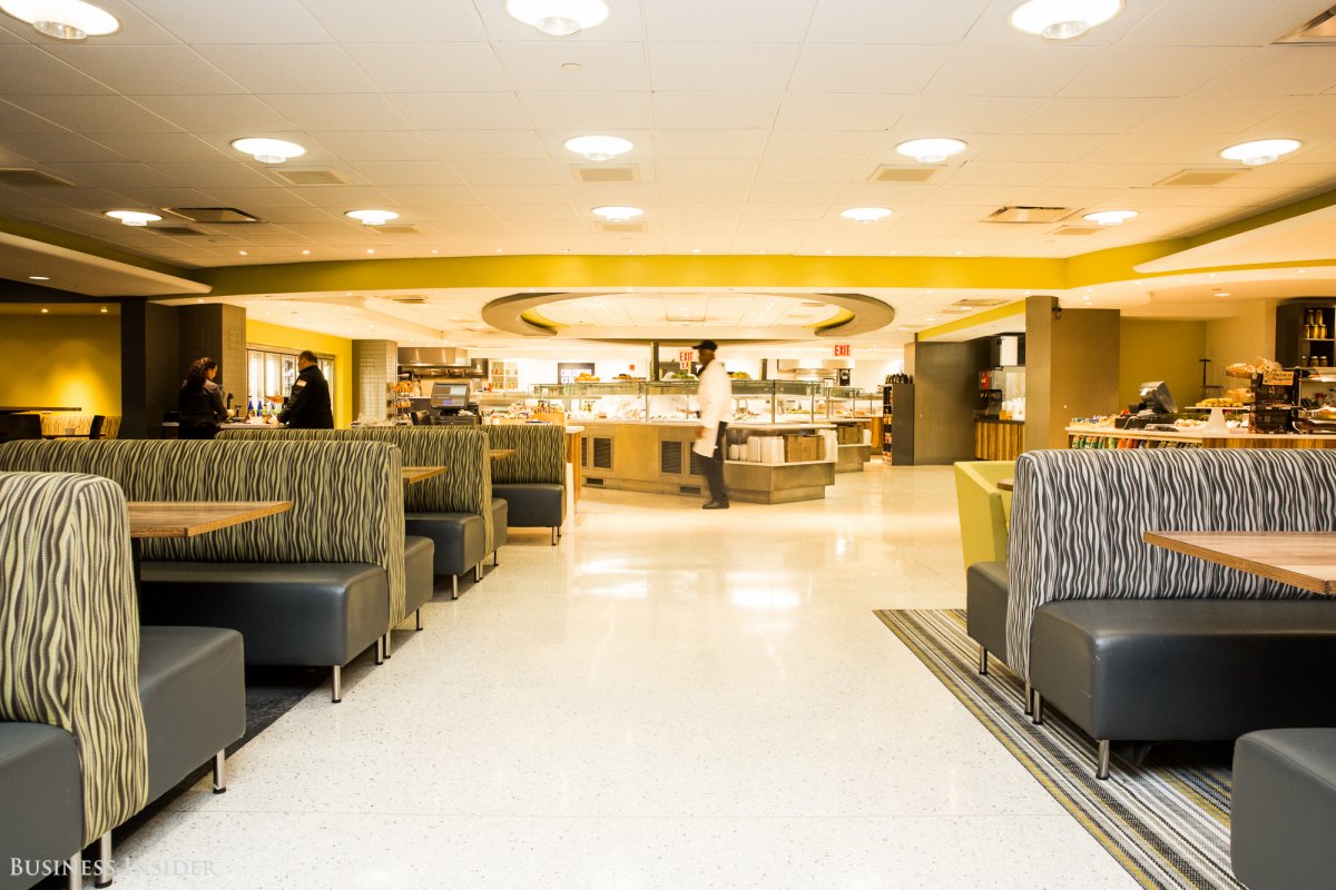 Breakfast and lunch is served in the cafeteria, which has a steep discount for employees.