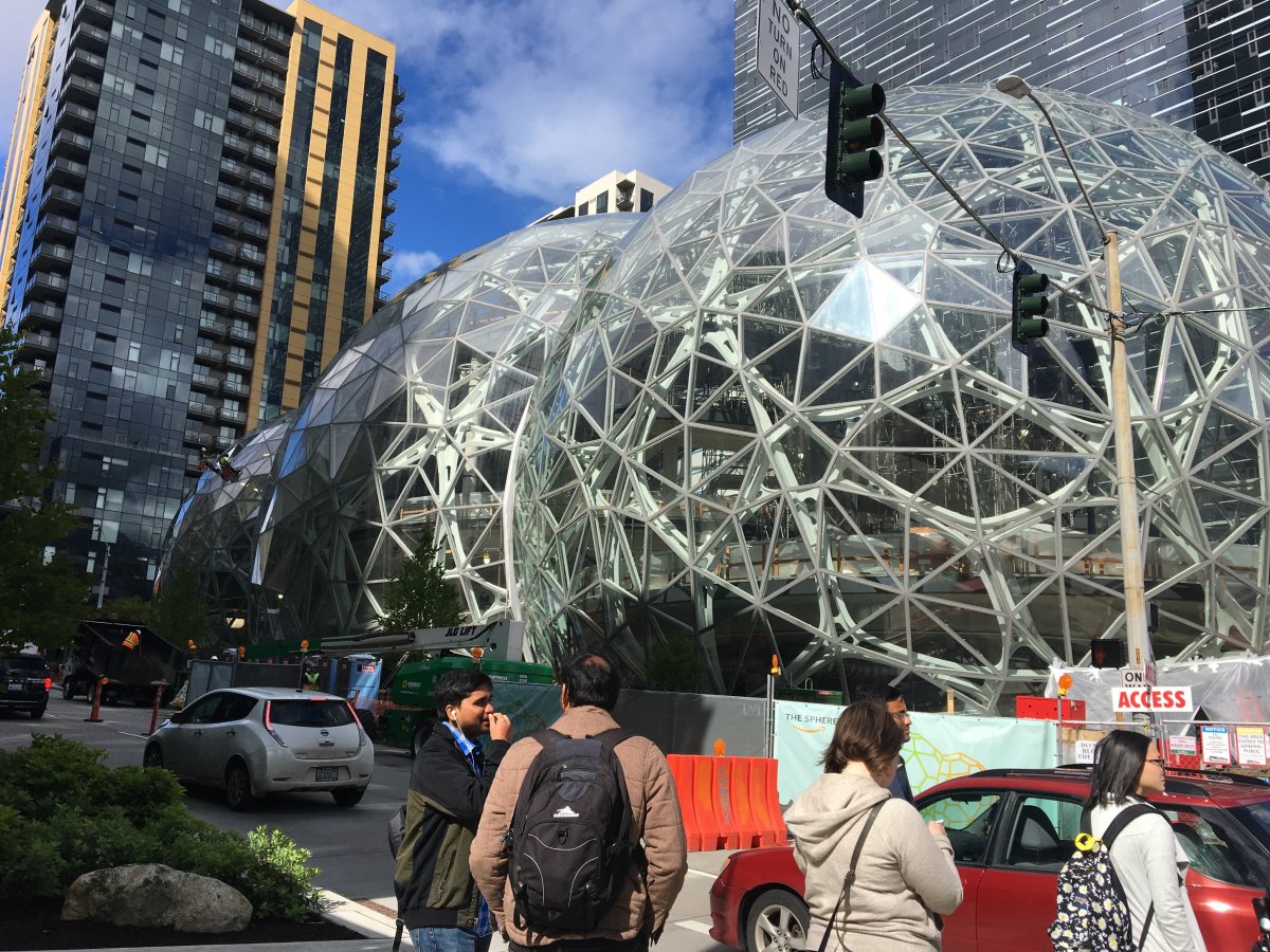 But far and away, the most impressive part of the Day 1 campus are the famous Spheres: Three gigantic glass domes that will be filled full of exotic and endangered flora.