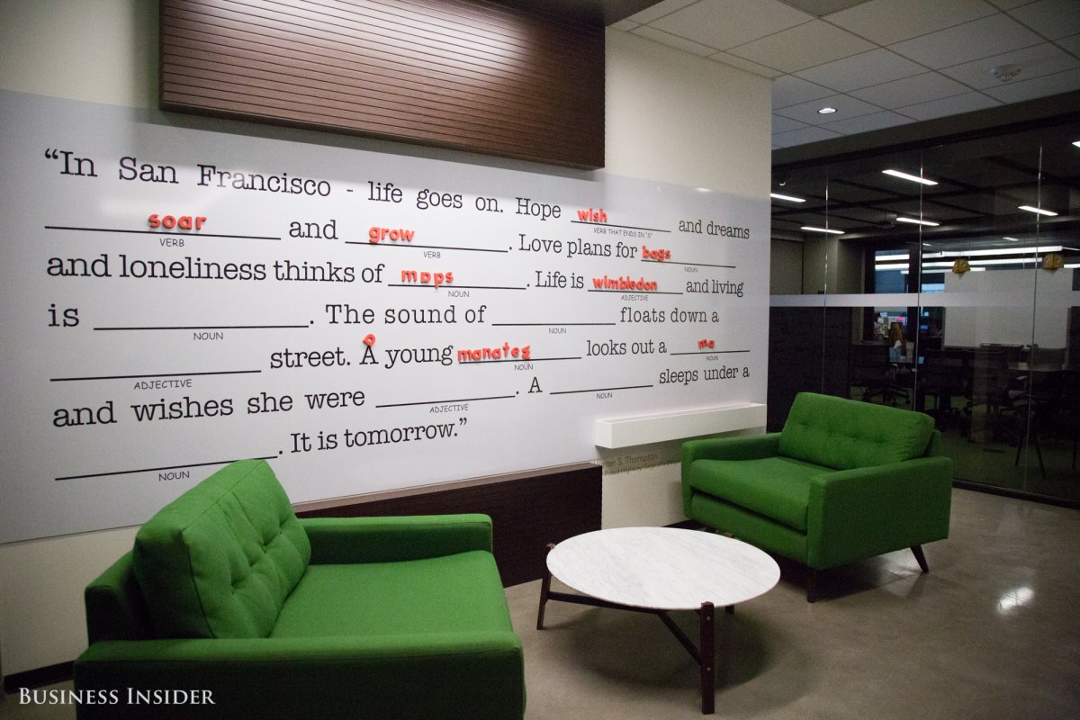 Each floor has something called a "staff wall" that encourages employees to interact with one another via the installation. This one lets them fill in words like Mad Libs.