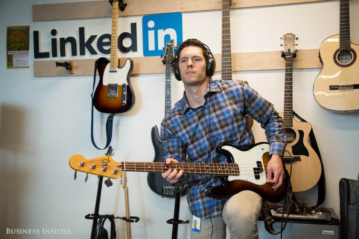 Employees rock out in the music room, though you wouldn't know it from the next room. They plug their instruments into a system that plays their music through headphones.