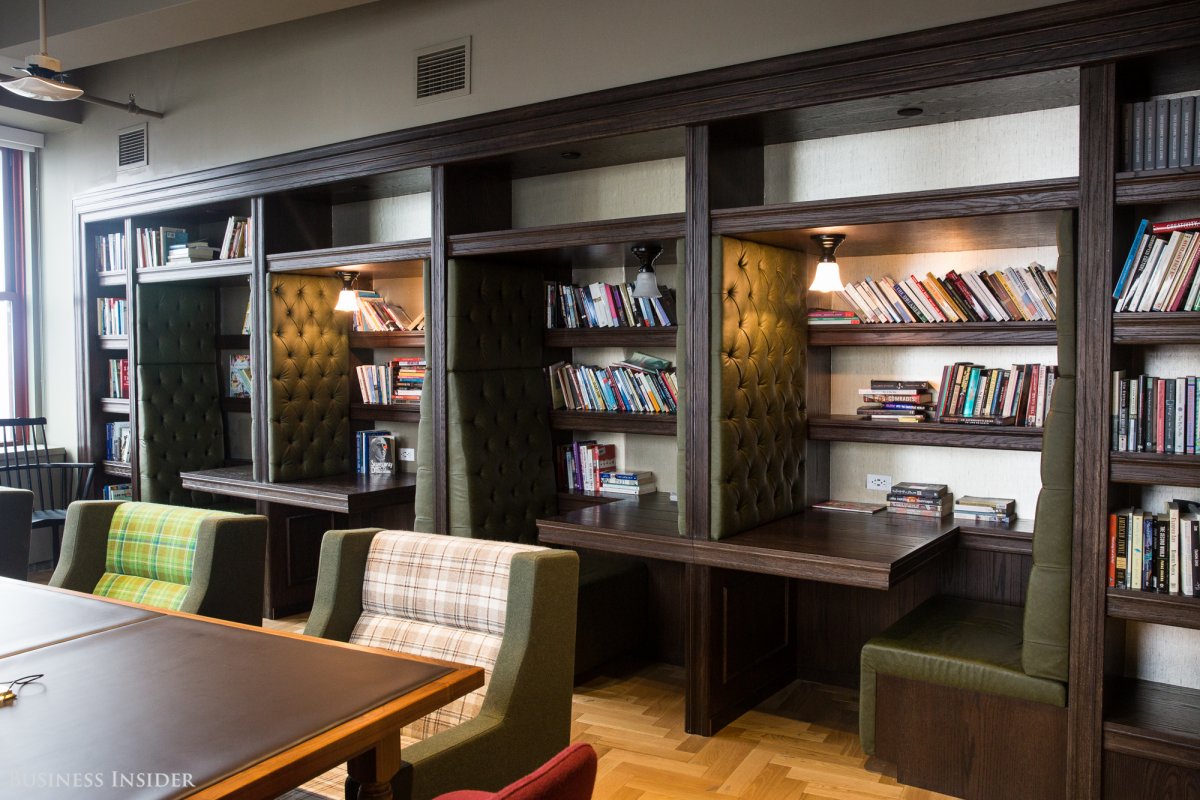 If you really want a quiet space, you can come to the office's library. The shelves are filled with books that employees brought from home.