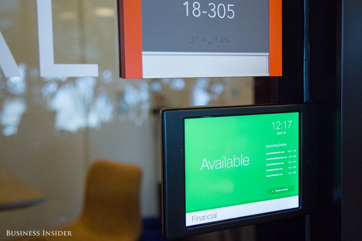 The conference rooms are as tech-savvy as the people who occupy them. Employees can reserve the rooms online or check availability on the tablet affixed to every door.