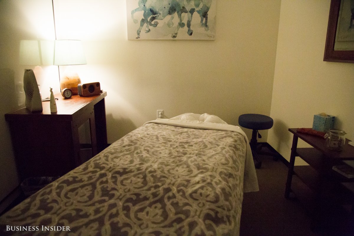 The fitness center includes a small spa, where employees can book a massage.