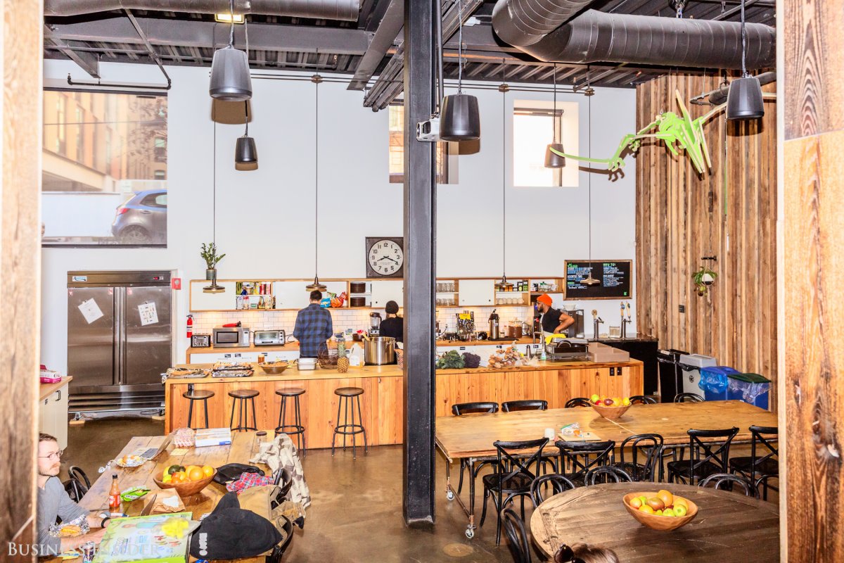 There's so much action in here that Kickstarter opted for industrial standard dishwashers. The kitchen is stocked with breakfast food, snacks, and coffee and iced tea on tap.