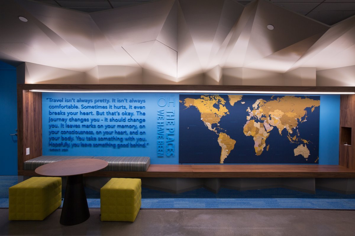 This map on another floor invites employees to share where they have traveled.