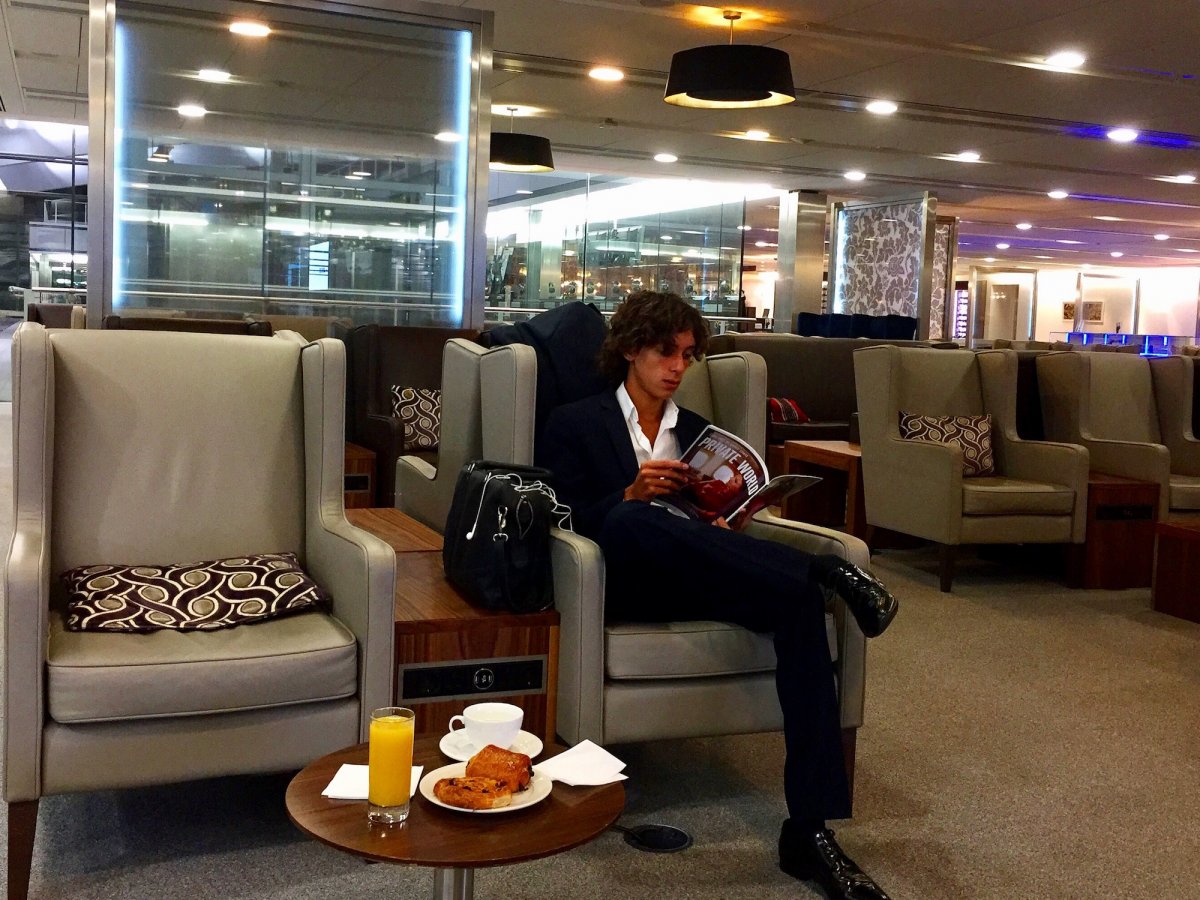 When he travels, he gets the full experience, including business or first class lounges...