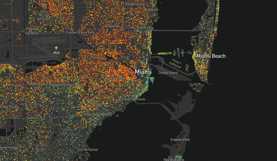 Aside from a blue sliver right on the coast, the bulk of Miami's population has attained some college at most or just a high-school diploma. Miami Beach is far more mixed, however.