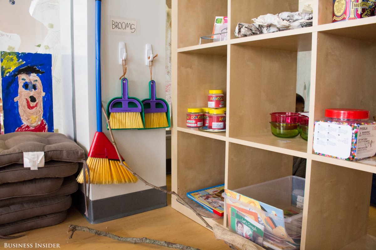 Craft and cleaning supplies are stored where the smaller kids can reach them, giving them a sense of agency.