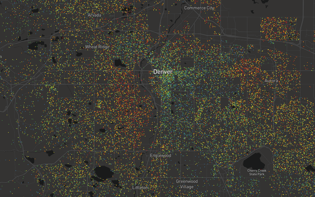 Denver contains primarily highly-educated residents, but levels change dramatically crossing over Interstate-25, as the number of high-school grads and dropouts increase.