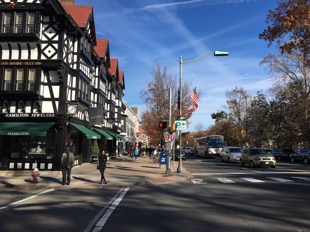 I paused at the intersection of Witherspoon St. and Nassau St. to take in the view. Those trees to the right are on the university's campus.