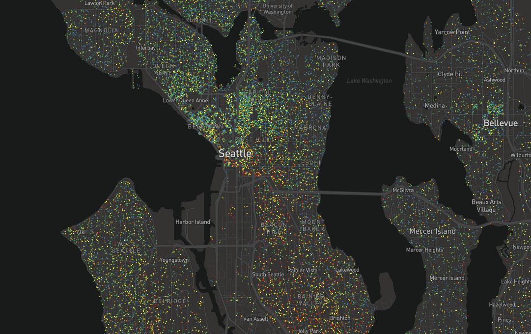 In its densest regions, Seattle is fairly well-integrated between the college grads and high school grads. It's only in the Chinatown regions to the south do red dots begin to cluster.