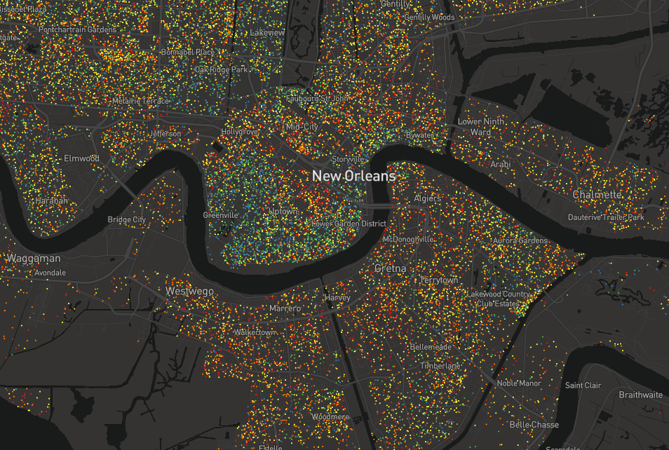 New Orleans' population generally becomes less educated the further inland you move from Lake Pontchartrain to the north and the final stretch of the Mississippi River to the south.