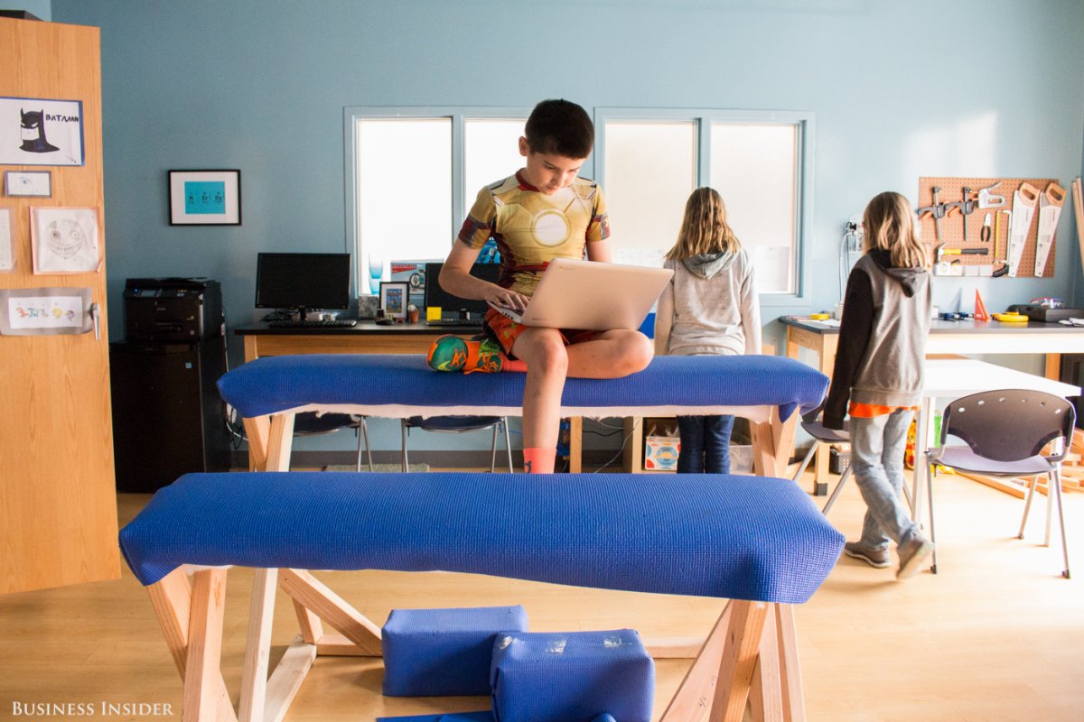 The middle-school students were tasked with a classroom redesign. This 11-year-old designed a parkour course. He was writing a parent permission slip on his Google Chromebook.