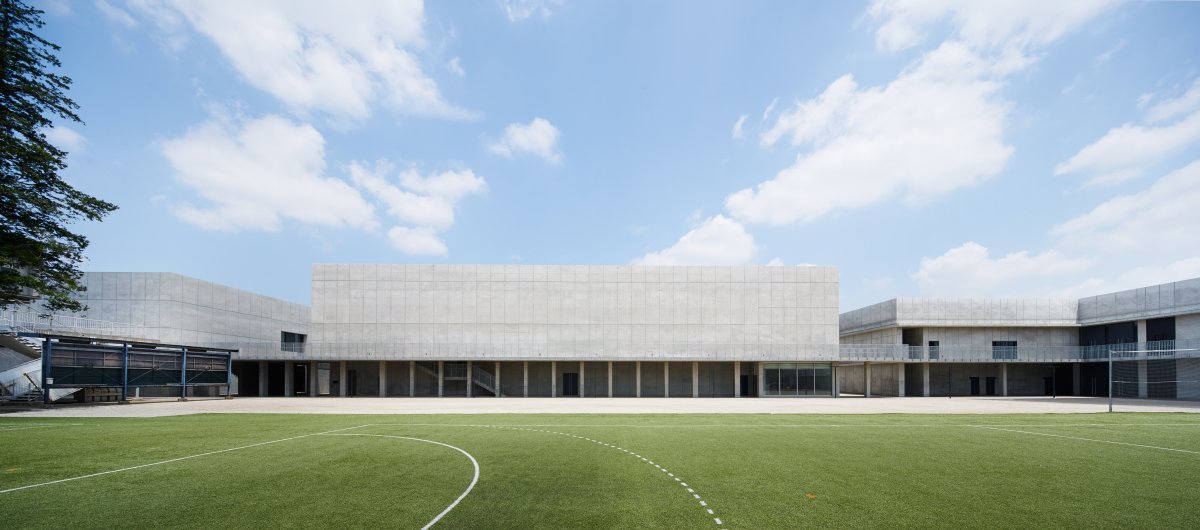 Tokyo's Waseda University Senior High School features an industrial, Kubrick-esque campus that is nearly all gray.